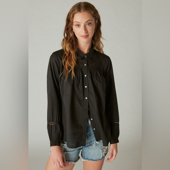 Lucky Brand Lace Trim Button Down Shirt in Black Size XL - Picture 1 of 12